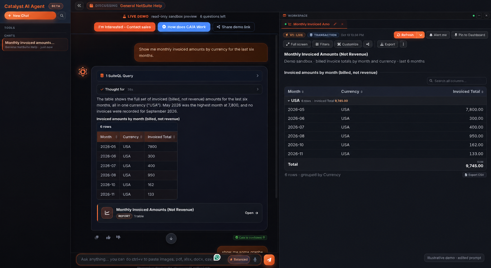 Illustrative CAIA demo with edited prompt showing monthly invoiced amounts by currency